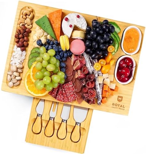 ROYAL CRAFT WOOD Bamboo Cheese Board and Knife Set with Charcuterie Board & Serving Tray with 4 Stainless Steel Knife & Thick Wooden Server with Bowls and Serveware Accessories
