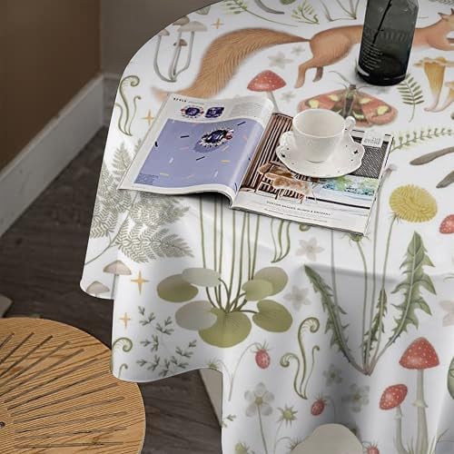 Country Forest Tablecloth, Wild Animal Hare Squirrel Owl Snake Snail Flowers Mushroom Table Cover for Tea Party Weddings Indoor Outdoor Dining, 60x60in