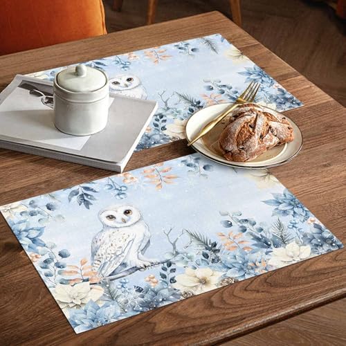 Blue Christmas Placemat 1PC, Winter Snowy Owl Poinsettia Eucalyptus Leaves Heat Resistant Washable Table Place Mats Cotton Table Linens Party Holiday Decor for Kitchen Dining Outdoor Indoor