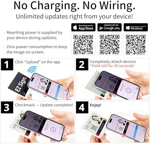 [Santek] EZ Sign NFC E-Paper Display – No Battery, Ultra-Thin 0.13”, Rewritable 4-Color Digital Display, App-Controlled (iOS/Android/PC), IP65 (Black, 4.2" 6pcs, No Stand and Clip Included)