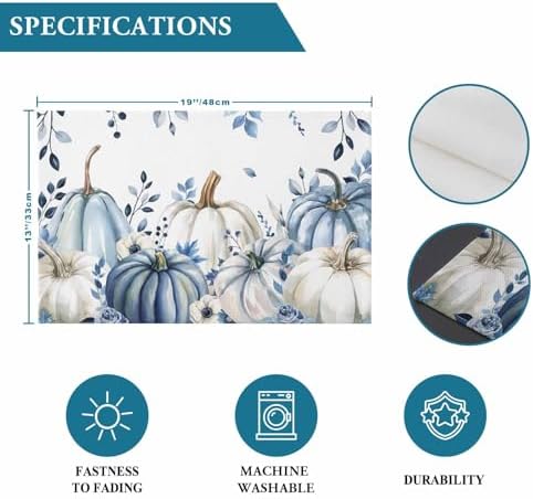 Fall Thanksgiving Placemats Set of 6, Blue White Pumpkin Heat Resistant Washable Dining Table Mats Fall Holiday Farmhouse Decor for Kitchen&Linens Outdoor Indoor, Autumn Flowers Eucalyptus Leaves