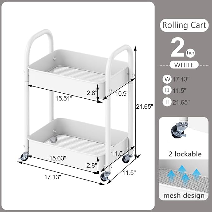 2 Tier All-Metal Rolling Cart, Rolling Storage Cart with Handle and Locking Wheels Kitchen Cart Laundry Office Bathroom Storage Organizer Cart, White