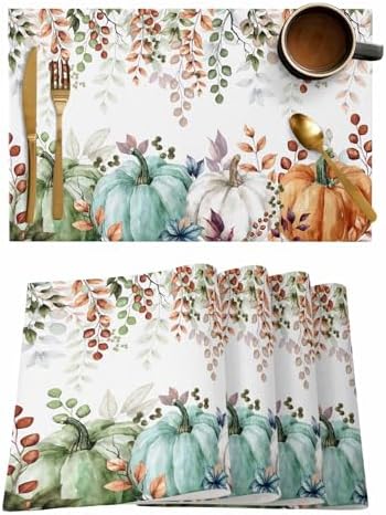 Fall Thanksgiving Placemat, Autumn Pumpkins Eucalyptus Leaves Heat Resistant Washable Dining Table Mats Fall Holiday Farmhouse Decor for Kitchen&Linens Outdoor Indoor, Blue Sage Green Orange