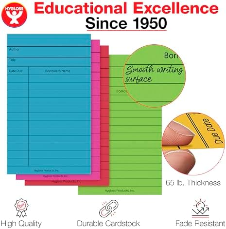 Hygloss Library Checkout Cards for Traditional Book Pockets and Classroom Organization - Vintage Style Bright Colors Due Date Tracking, 3x5 Inch, 500 Pack