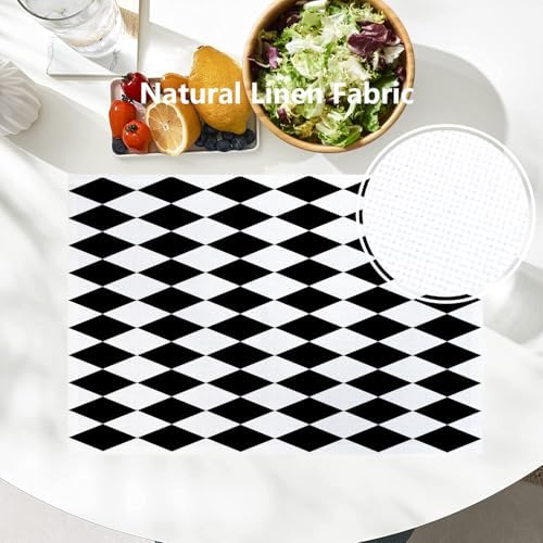 Batmerry Black White Diamond Linen Placemats Set of 4, Art Black and White Harlequin Washable Table Mats for Kitchen Table Thickened Heat Insulation Dining Set Indoor Outdoor 12X18 in