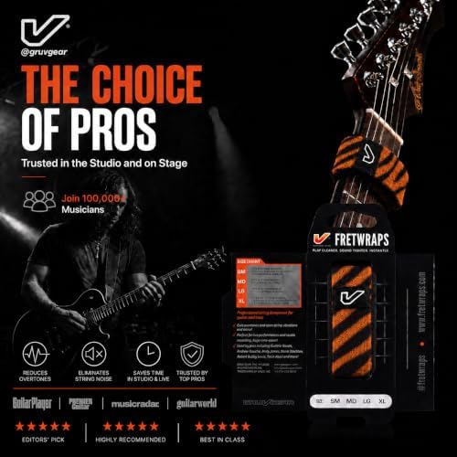 Gruv Gear Fret Wrap & Guitar Mute, Fretwrap for Acoustic, Electric & Bass | String Dampener Recording, Tapping & Practice Accessory (1 Pack, Extra Large Tiger, Fits 7-12 String Bass, Extended Guitar