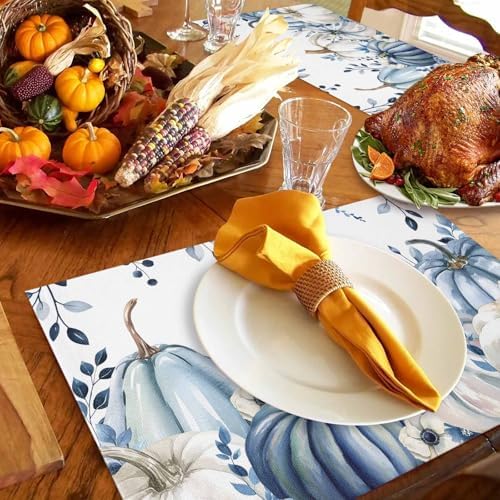 Fall Thanksgiving Placemats Set of 6, Blue White Pumpkin Heat Resistant Washable Dining Table Mats Fall Holiday Farmhouse Decor for Kitchen&Linens Outdoor Indoor, Autumn Flowers Eucalyptus Leaves