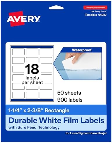 Avery® Printable Durable White Rectangle Labels, Sure Feed® Technology, 1-1/4" x 2-3/8", Print-to-the-Edge, Waterproof Labels, Laser & Pigment-Based Inkjet Compatible, 900 Total