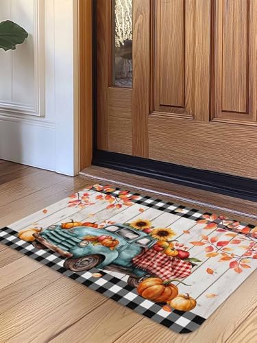 Fall Door Mat Harvest Pumpkin Teal Truck Doormat Sunflower Maple Leaves Wood Plaid Harvest Thanksgiving Welcome Mat Non Slip Entryway Front Rug Floor Mat for Indoor Outdoor Kitchen Autumn 16x24