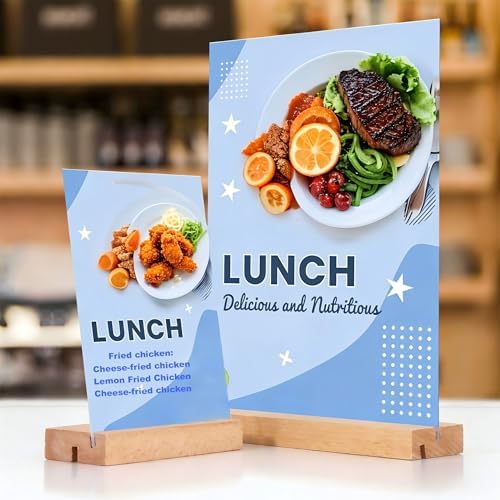 TONICE 5x7 Acrylic Sign Holder with Wood Base 6 Pack L/T Shape Vertical or Slant Back Display for Wedding, Restaurant, Store, Office, Hotel