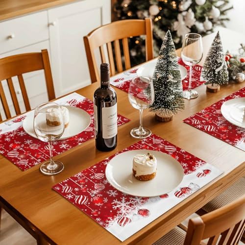 Christmas Placemats 1 Pack, Snowman Heat Resistant Washable Dining Table Mats Xmas Holiday Farmhouse Decor for Kitchen&Linens Outdoor Indoor, Snowflake Red Christmas Balls