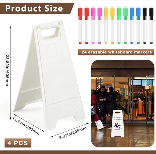 4 Pack a Frame Sandwich Board Sign with Dry Erase Surface, 24 x 12 Inch Double Sided Sidewalk Sign Chalkboard Easel Heavy Duty Plastic Dry Erase Poster Board for Outdoor Restaurant Cafe Menu (White)