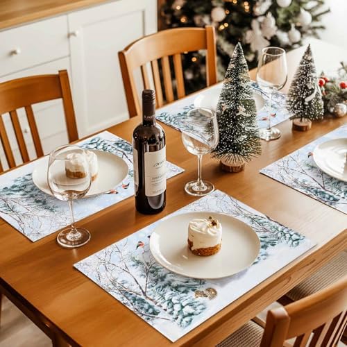 Christmas Placemats Set of 6, Snowman Squirrel Bird Heat Resistant Washable Dining Table Mats Xmas Holiday Farmhouse Decor for Kitchen&Linens Outdoor Indoor, Pine Tree Branch Snowflake