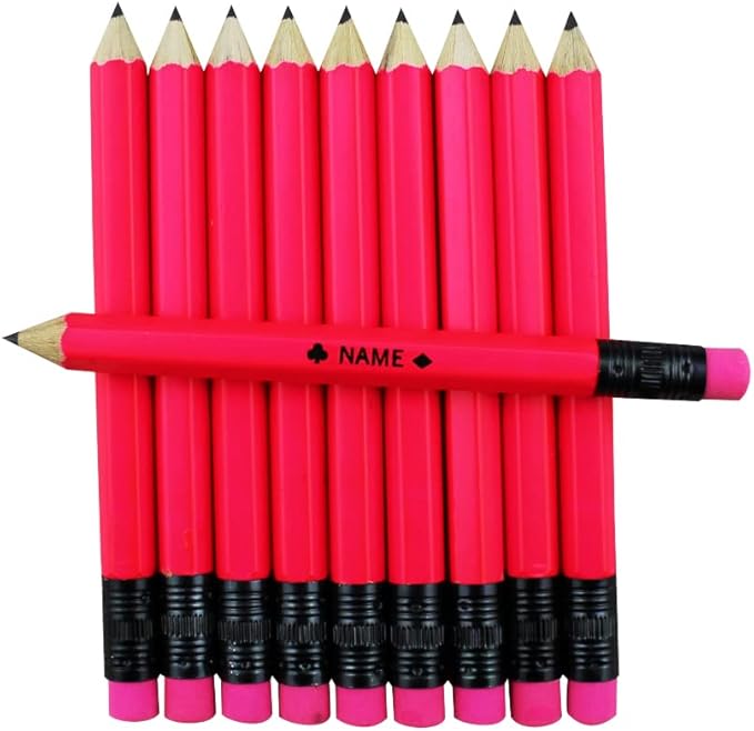 EZPENCILS & GIFTS - Golf Pencils Tipped with Eraser (1/2 a Pencil - Pew Pencils) - Neon Pink Colored Barrel - FREE-PERSONALIZATION - 2HB Black Lead - Custom Text - Non-Smear Eraser – Package of 90