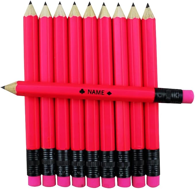 EZPENCILS & GIFTS - Golf Pencils Tipped with Eraser (1/2 a Pencil - Pew Pencils) - Neon Pink Colored Barrel - FREE-PERSONALIZATION - 2HB Black Lead - Custom Text - Non-Smear Eraser – Package of 100