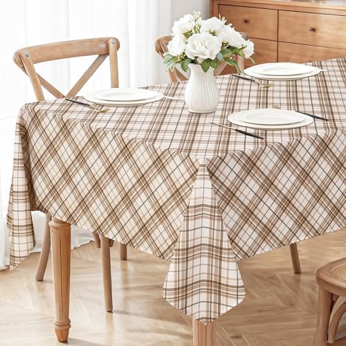 DWCN Checkered Tablecloth, 60 x 102 Inch, Rectangular, Brown and White