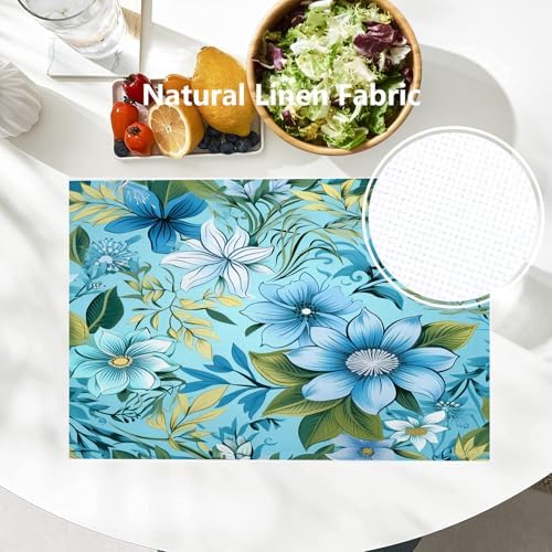 Batmerry Floral Light Blue Placemats, Blue Green Floral Washable Linen Table Mats for Kitchen Table Double Insulation Decor Dining Set Indoor Outdoor 12X18 in Set of 4