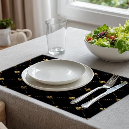 Batmerry Black French Fleur De Lis Placemats,Golden Pastoral Flowers Washable Linen Table Mats for Kitchen Table Double Insulation Decor Dining Set Indoor Outdoor 12X18 in Set of 4