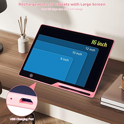 LCD Writing Tablet,16 Inch Colorful Screen Rechargeable Doodle Board Toddler Educational Toys for 3 4 5 6 Years Old Boys Girls Reusable Portable Drawing Tablet Christmas Toys Gifts for Kids (Pink)