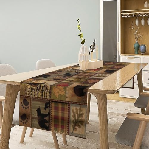 Rustic Moose Deer Bear Table Runner, Retro Vintage Bear Cottage Country Style Cabin Farmhouse Dinner Runner for Home Kitchen Dining Table Decoration 13"x90"