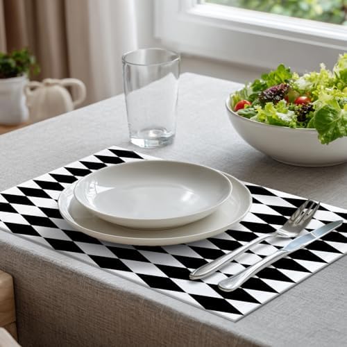 Batmerry Black White Diamond Linen Placemats Set of 4, Art Black and White Harlequin Washable Table Mats for Kitchen Table Thickened Heat Insulation Dining Set Indoor Outdoor 12X18 in