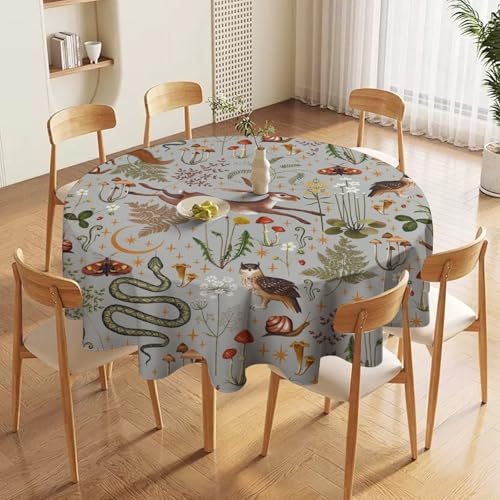 Woodland Animal Tablecloth, Grey Country Forest Hare Squirrel Owl Snake Snail Flowers Mushroom Print Table Cover for Picnic Party Holiday Home Kitchen Dining Table Decor, 60x60in