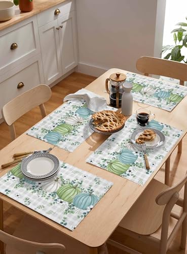 Fall Thanksgiving Placemats Set of 4, Autumn Pumpkins Eucalyptus Leaves Heat Resistant Dining Table Mats Fall Holiday Farmhouse Decor for Kitchen&Linens Outdoor Indoor, White Blue Green Gray Plaid