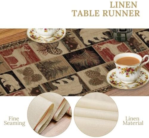 Rustic Bear Table Runner, Vintage Cottage Country Style Pine Tree Elk Wildlife Dinner Runner for Home Kitchen Dining Table Decoration 13"x36"
