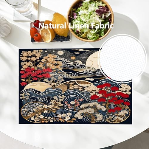 Batmerry Flowers Waves Linen Placemats Set of 4, Beautiful Nature Scene with Moon Washable Table Mats for Kitchen Table Thickened Heat Insulation Dining Set Indoor Outdoor 12X18 in