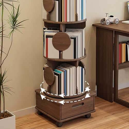 Small Bookshelf with Storage Drawer for Small Spaces Corner Rotating Bookshelf 360 Display 2-4 Tier Revolving Bookcase with Brake Wheels for Bedroom Living Room Study Room ( Color : Wood , Size : Four