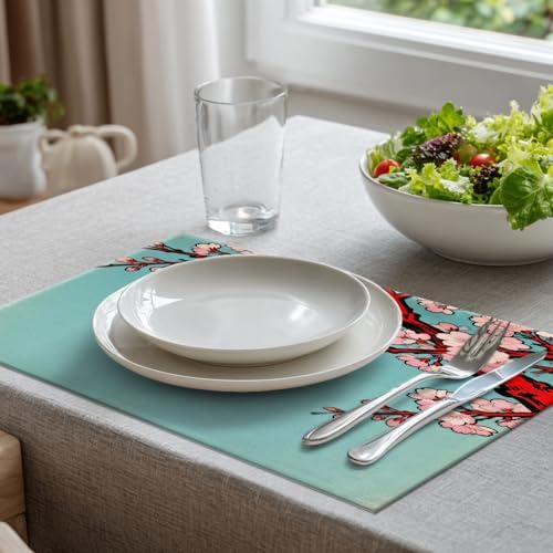 Batmerry Shabby Chic Cherry Blossom Linen Placemats Set of 4, Turquoise Vintage Washable Table Mats for Kitchen Table Thickened Heat Insulation Dining Set Indoor Outdoor 12X18 in