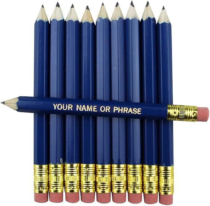 EZPENCILS & GIFTS - Golf Pencils Tipped with Eraser (1/2 a Pencil - Pew Pencils) - Dark Blue Colored Barrel - FREE-PERSONALIZATION - 2HB Black Lead - Custom Text - Non-Smear Eraser – Package of 70