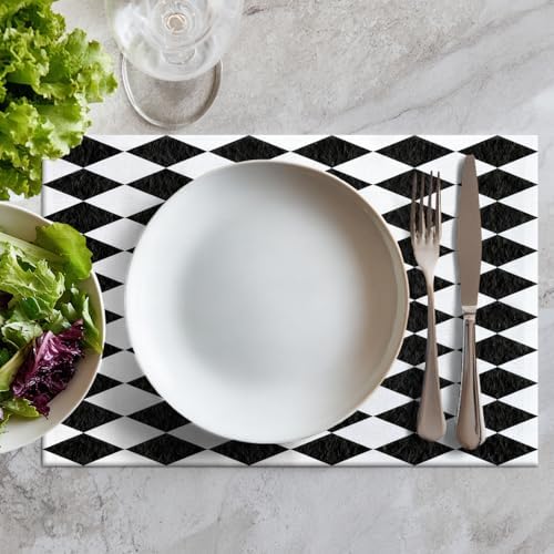 Batmerry Black White Diamond Linen Placemats Set of 8, Abstract Black and White Harlequin Washable Table Mats for Kitchen Table Thickened Heat Insulation Dining Set Indoor Outdoor 12X18 in