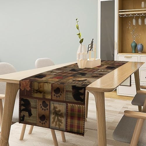 Rustic Bear Table Runner, Vintage Cottage Country Style Pine Tree Elk Wildlife Dinner Runner for Home Kitchen Dining Table Decoration 13"x108"