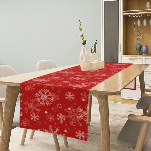 Red Snowflakes Christmas Table Runner, Seasonal Winter Holiday Kitchen Dining Table Decoration for Home Party Decor 13x36 Inch