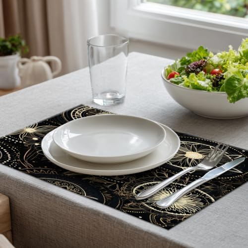 Batmerry Circular Patterns Floral Designs Placemats, Black and Gold Decorative Patterns Washable Linen Table Mats for Kitchen Table Double Insulation Decor Dining Set Indoor Outdoor 12X18 in Set of 8