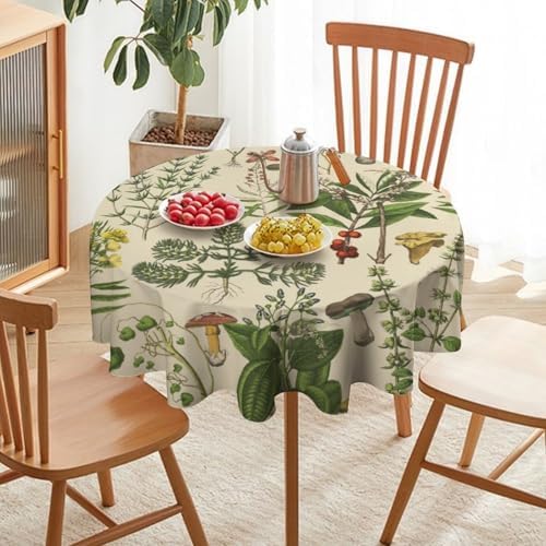 Vintage Botanical Tablecloth, Antique 1900s Mushroom Boho Wildflower Green Herbs Ferns Farmhouse Table Cover for Party Picnic Dinner Decor, 36x36in