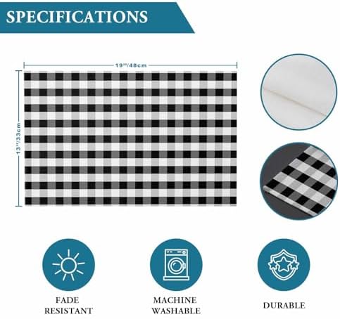 Rustic Black White Buffalo Check Plaid Pattern Placemats Set of 4, Farmhouse Heat Resistant Washable Table Place Mats Cotton Table Linens Party Holiday Decor for Kitchen Dining Outdoor Indoor