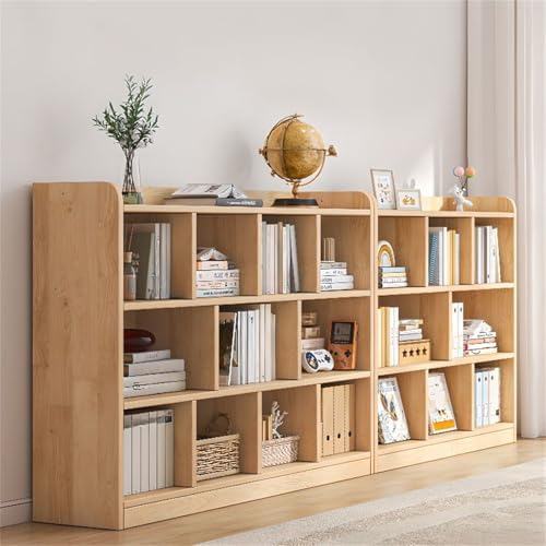 Unfinished Color Pine Book Rack 2/3/4-Tier Storage Solid Wood Cabinet, Pine Wood Storage Shelving Unit 8-Compartment Square Grid Cabinet Low Bookshelf Natural Finish 47.2"L x 9.4"W x 47.2"H