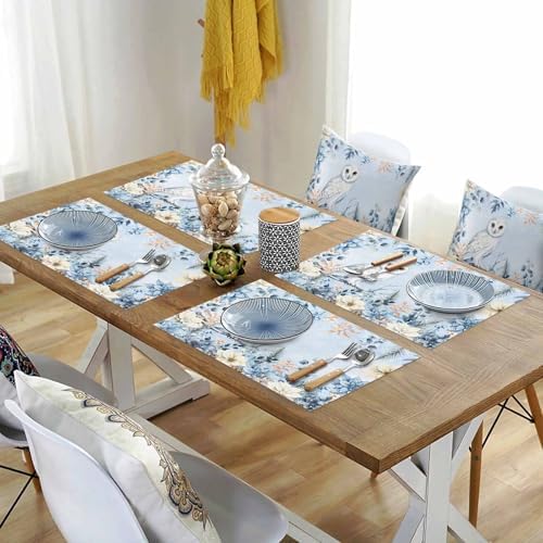 Blue Christmas Placemat 1PC, Winter Snowy Owl Poinsettia Eucalyptus Leaves Heat Resistant Washable Table Place Mats Cotton Table Linens Party Holiday Decor for Kitchen Dining Outdoor Indoor