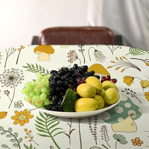 Wild Mushroom Tablecloth, Vintage Botanical Rustic Wildflower Herbs Plants Green Mushroom Table Cloth for Farmhouse Kitchen Dinning Room Picnic Parties Home Decor 55x55in