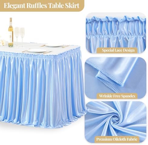 Wish Care 21ft Baby Blue Satin Long Table Skirt for Rectangle Tables Wrinkle Free Teacher Desk Skirt Glitter Ruffle Table Skirting Cloth for Back to School Classroom Office Birthday Party Table Decor