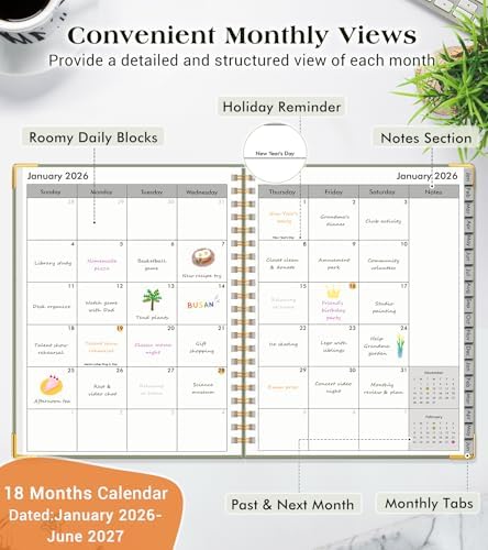 Academic Planner 2026-2027, Weekly and Monthly Hardcover Planner, July 2026 - June 2027, 5.75" x 8.38" A5 Large Daily Calendar Planner Book with Tabs, Spiral Yearly Agenda Organizer Notebook for School Work Home, Green