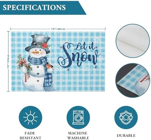 Snowman Christmas Placemat 1PC, Let It Snow Winter Holiday Heat Resistant Washable Table Place Mats Blue White Buffalo Plaid Cotton Table Linens Party Holiday Decor for Kitchen Dining Outdoor Indoor