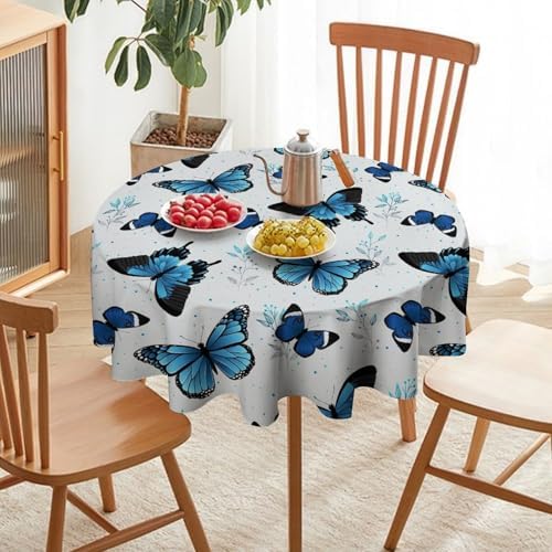 Blue Flying Butterfly Tablecloth, Vintage Celestial Butterfly Herbs Leaves Flower Print Table Cloth for Farmhouse Kitchen Party Picnic Dinner Decor, 70x70in