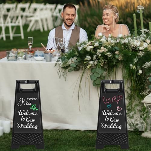 2 Pack a Frame Sandwich Board Sign with Dry Erase Surface, 24 x 12 Inch Double Sided Sidewalk Sign Chalkboard Easel Heavy Duty Plastic Dry Erase Poster Board for Outdoor Restaurant Cafe Menu (Black)