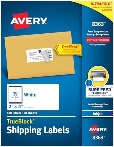 Avery Shipping Labels, Sure Feed Technology, 2" x 4", White, Inkjet Printable, Permanent Adhesive, 500 Blank Mailing Labels per Pack, 2500 (5 Packs of 8363)