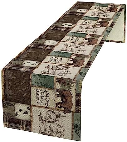 Rustic Cabin Bear Table Runner, Vintage Cottage Country Style Pine Tree Elk Wildlife Dinner Runner for Home Kitchen Dining Table Decoration 13"x90"