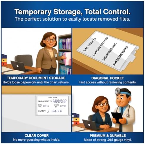 Doctor Stuff - Center Tab Vinyl Out Guides, Diagonal Cut Front Pocket, Top Charge Out Slip Pocket, Plastic File Folder, Letter Size 9" x 13-1/4", Frosty Clear, 100/Box