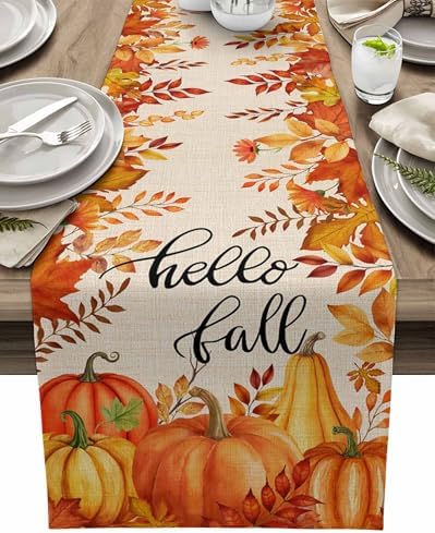 Fall Pumpkin Table Runner Dresser Scarf 13 x 108 Inch Harvest Orange Maple Leaves Table Runners Non-Slip Heat Resistant Kitchen Dining Table Decor for Autumn Thanksgiving Holidays Indoor Outdoor